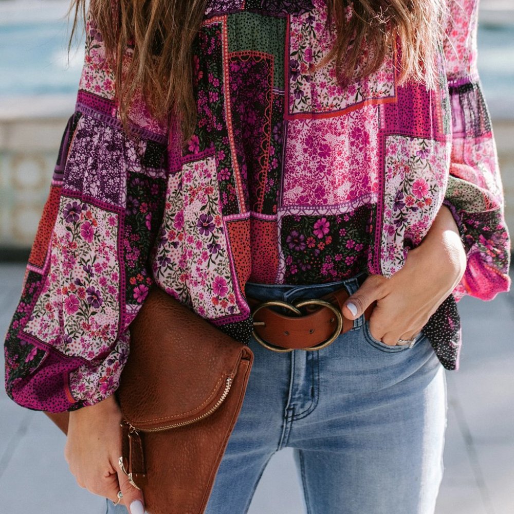 Rose Cottagecore Floral Print Patchwork Tunic Top - Picture 3 of 12